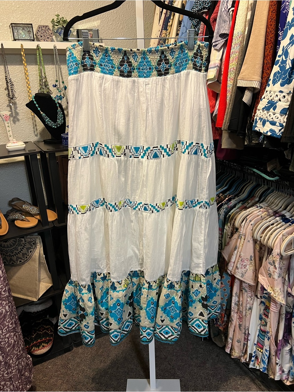 Style & Co. White Maxi Skirt with Turquoise and Aqua Embroidery